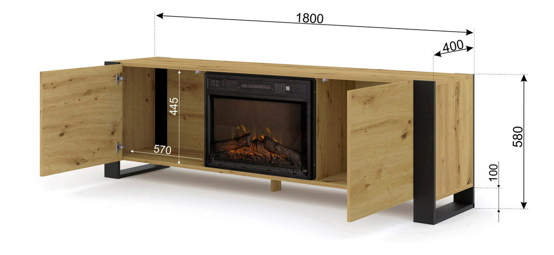 Masă TV cu șemineu Montana (Stejar artisan + Negru)