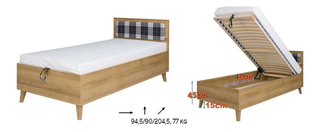 Pat de o persoană 90 cm Mimone P (Stejar auriu) (cu somieră)