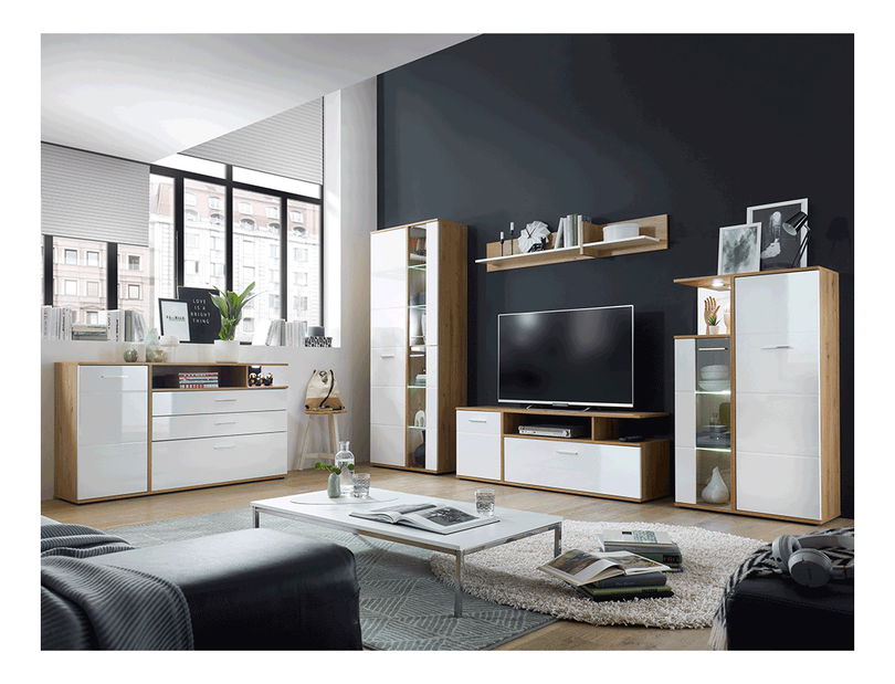 Set za dnevni boravak Ralano (visoki bijeli sjaj + hrast artisan) (s LED rasvjetom)