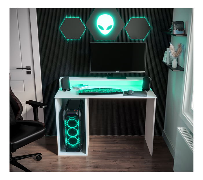 Masă PC pentru gaming Garrick 2 (biely) (cu iluminat LED RGB)