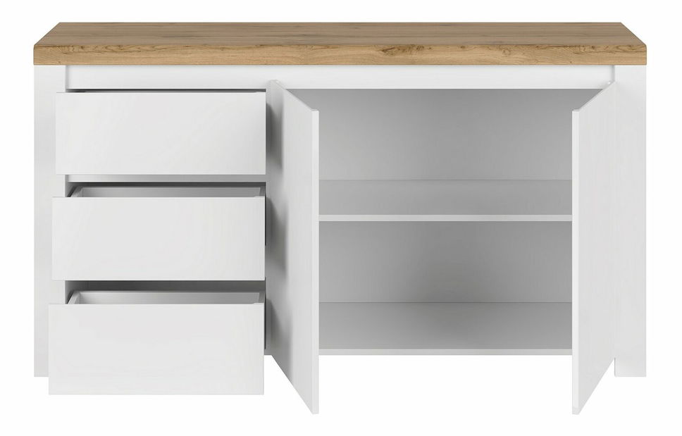 Komoda Vilgi 2D3S (vysoký lesk biely + dub wotan)