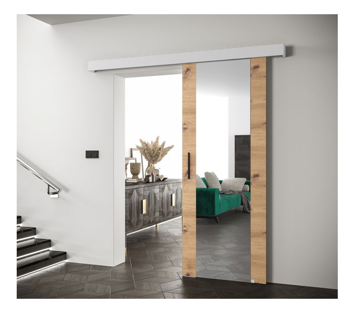 Posuvné dvere 90 cm Sharlene II (dub artisan + biela matná + čierna) (so zrkadlom)