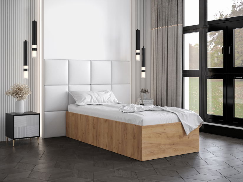 Pat de o persoană cu tăblie tapițată 90 cm Brittany 4 (Stejar craft auriu + Alb) (cu somieră)