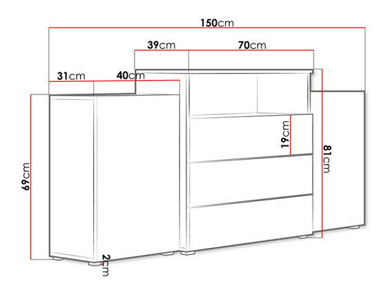 Comodă combinată Freya III (Alb + Stejar wotan + Alb lucios) (fără iluminat)