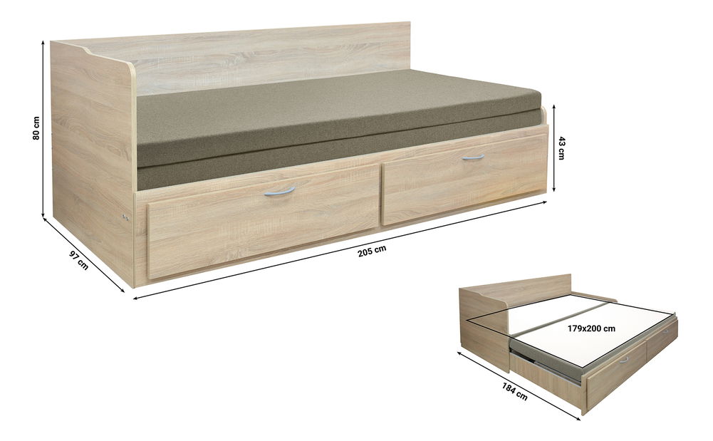 Sofa na razvlačenje Menetas (primorski hrast + maslina) (s podnicom i madracem) (s prostorom za odlaganje)