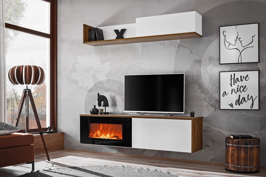 Mobilier living cu șemineu electric Donberry E (stejar sterling + alb mat)