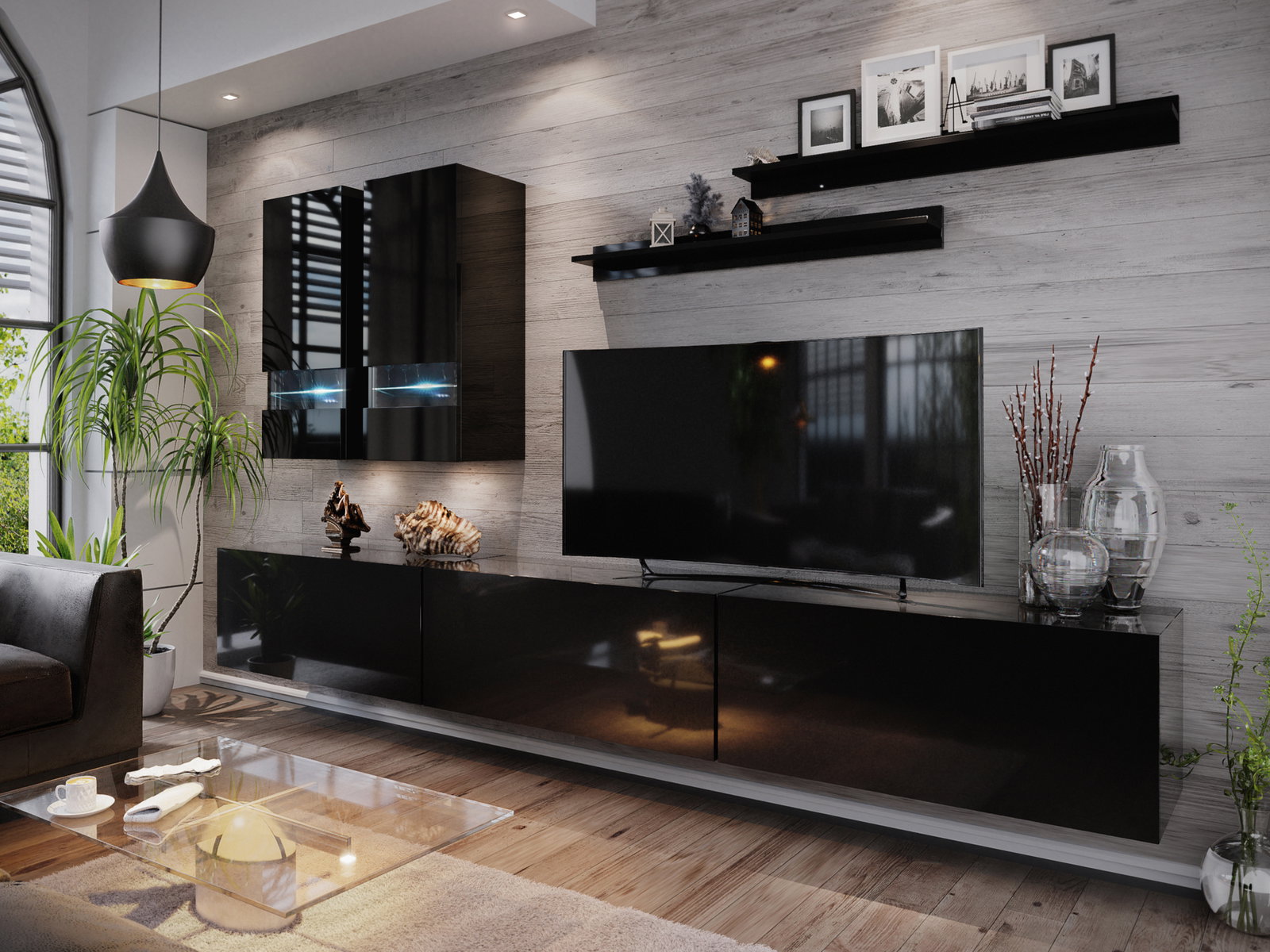 Obývacia stena Benmore (čierna + čierny lesk) (bez osvetlenia)