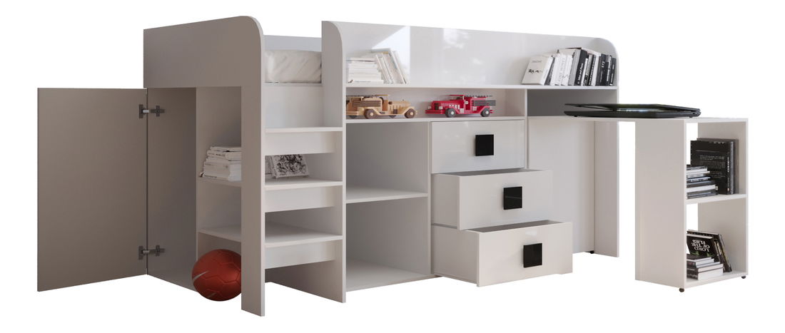 Pat multifuncțional 90 cm Toreno 1 (Alb + alb lucios + mânere gri lucios)