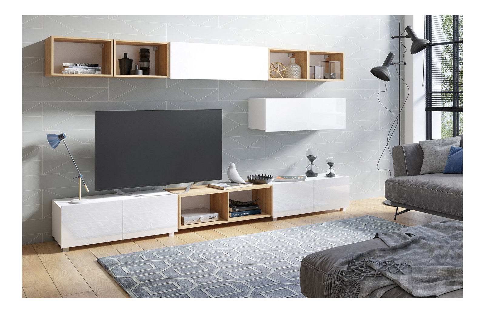 Mobilier living Calabria C26 WHITE (Alb + Stejar auriu) (fără iluminat)