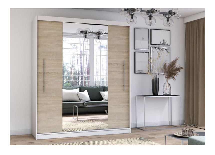 Dulap de haine Thovan (alb + stejar sonoma + Oglindă)