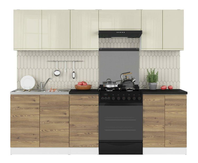 Set mobilier bucătărie 240 cm Junona Line (vanilie lucios + zadă sibiu auriu + Alb)