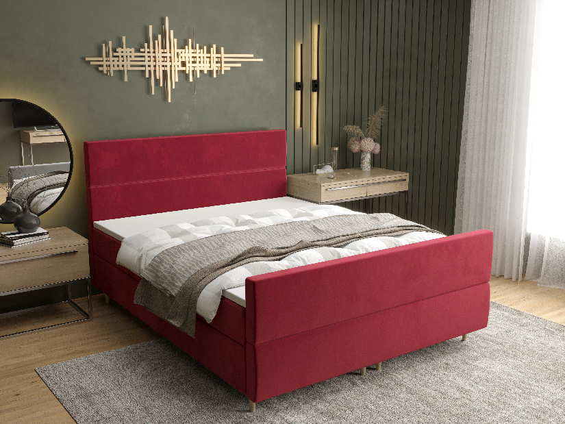 Pat matrimonial Boxspring 140 cm Flu Plus Comfort (bordo) (cu saltea și sp. depozitare)