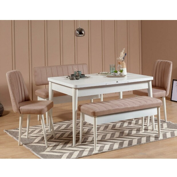 Rozkladací jedálenský stôl s 2 stoličkami a 2 lavicami Vlasta (biela + béžová)