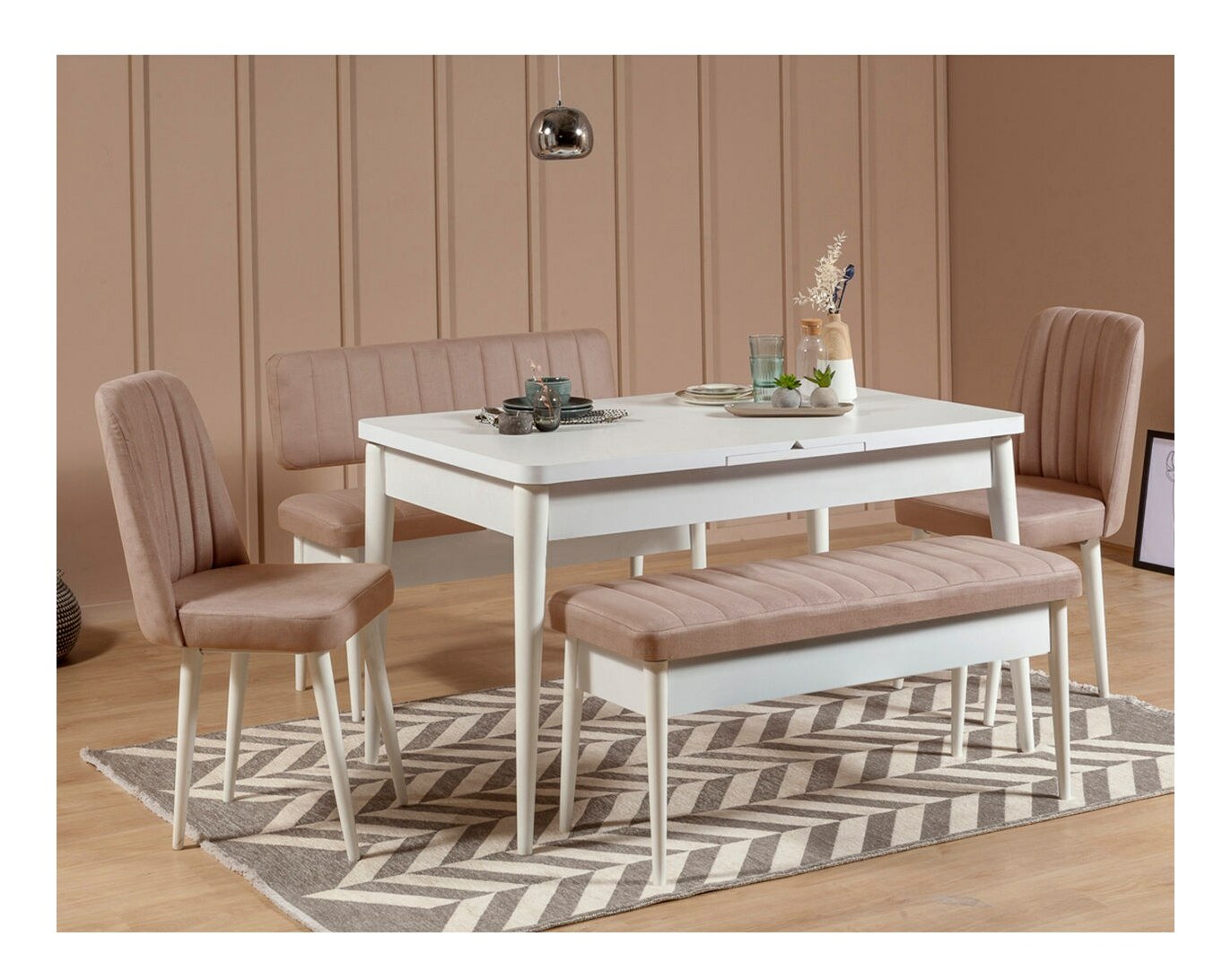Rozkladací jedálenský stôl s 2 stoličkami a 2 lavicami Vlasta (biela + béžová)