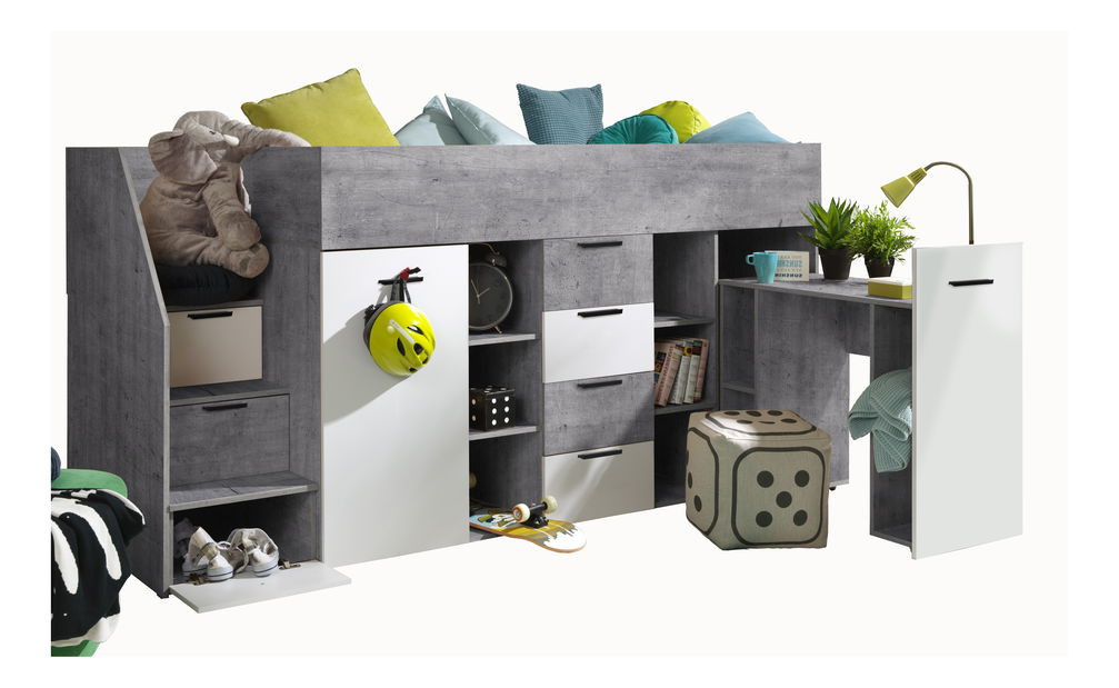 Pat pentru copii combinat 90 cm Kesa 3 (beton + alb mat) (S)