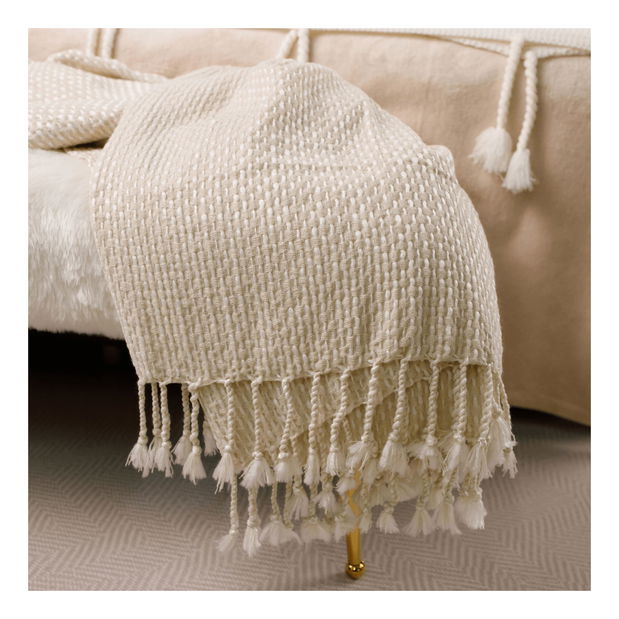 Kötött pléd rojtokkal 150x200 cm Tovou (bézs + minta) 