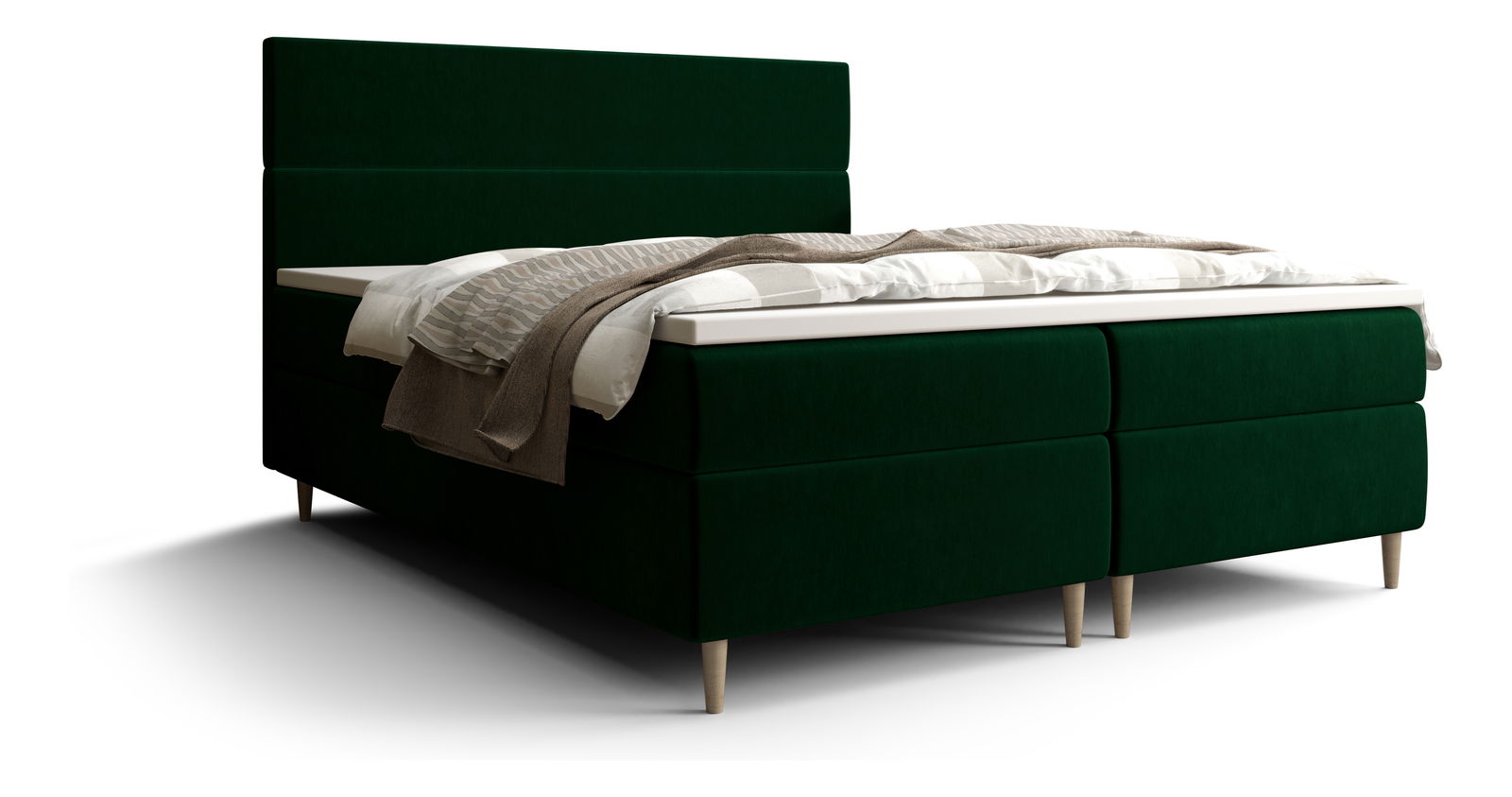Pat matrimonial Boxspring 140 cm Flu (verde închis) ( cu saltea și sp. depozitare)