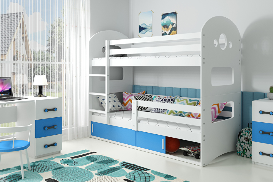 Poschodová posteľ 80 x 190 cm Domur (biela + modrá) (s roštami, matracmi a úl. priestorom)