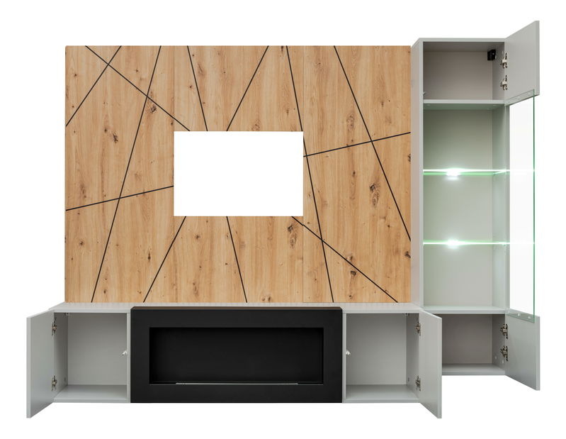 Mobilier living Xavus G-K (perla grey + stejar artisan) (cu iluminat) (cu șemineu bio)