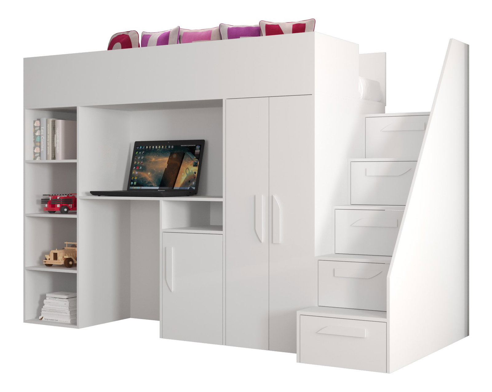 Pat pentru copii combinat 90 cm Puro 14 (alb mat + alb lucios + mânere albe)