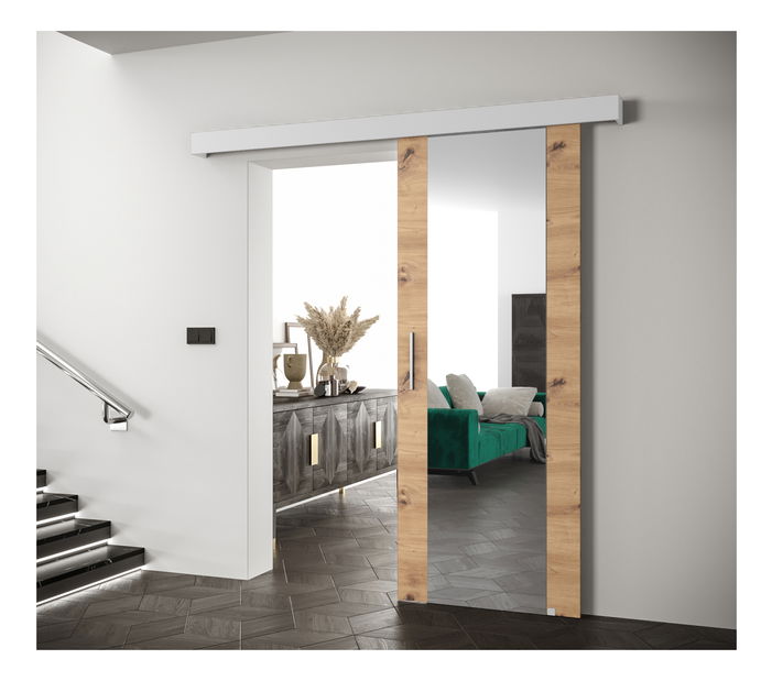 Uși culisante 90 cm Sharlene II (stejar artisan + alb mat + argintiu) (cu oglindă)