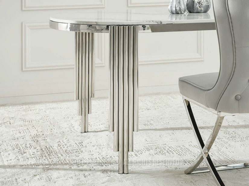 Masă de sufragerie Antiga (marmură albă + crom)