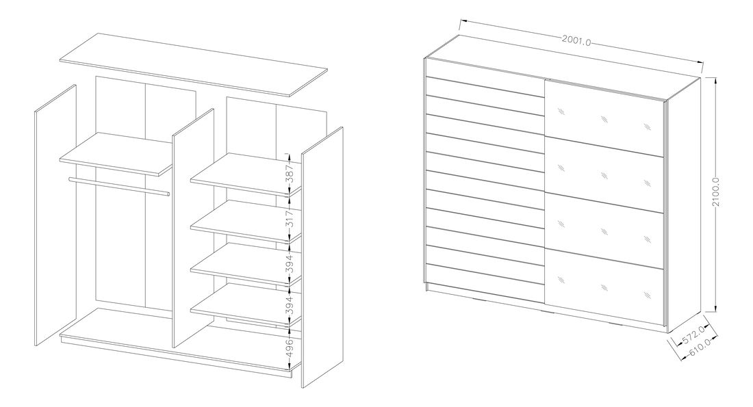 Ormar za garderobu Benson Tip 77 (hrast monastery + crna + ogledalo) 