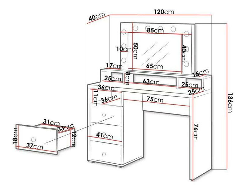 Fésülködőasztal Dajana (fehér + fényes fehér)