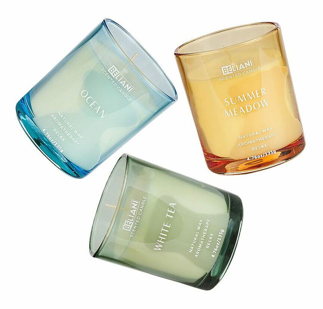 Sada 3 ks vonných sviečok oceán/biely čaj/letná lúka Joyza (modrá)