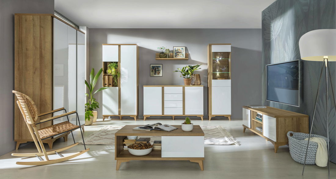 Komoda typ O9 Onley (lesklá biela + dub riva)