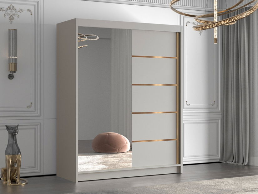 Ormar za garderobu s kliznim vratima Hyzron III 150 (kašmir + zlatna) (s ogledalom)