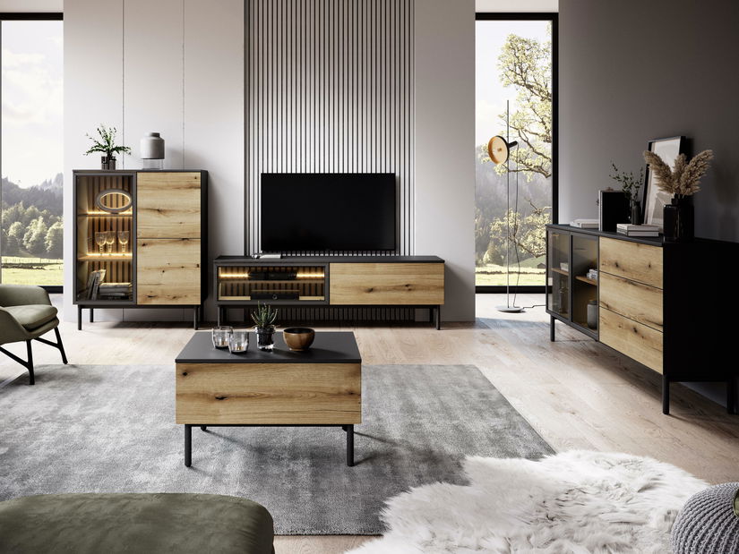 Obývacia izba Lenge 1 (čierna + dub coast evoke) (s osvetlením)