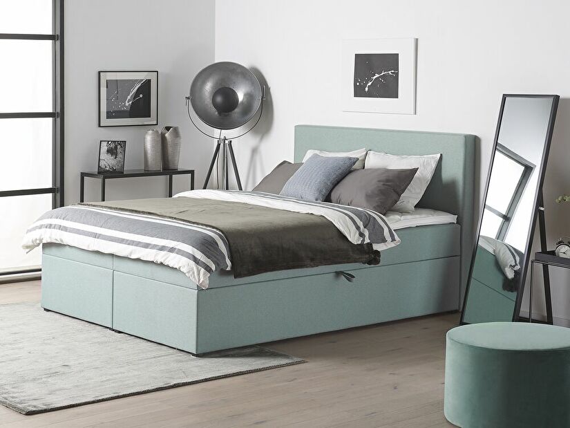 Manželská posteľ Boxspring 160 cm SENNOR (s matracmi a úl. priestorom) (svetlozelená)
