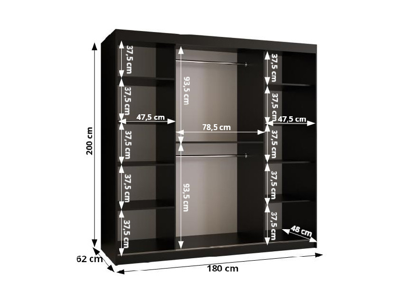 Dulap de haine Riven 2 180 (alb mat + negru mat) (cu oglindă)