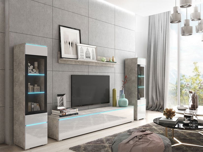 Nappali bútor Selwyn II (beton + fényes fehér) (fehér LED világítás)