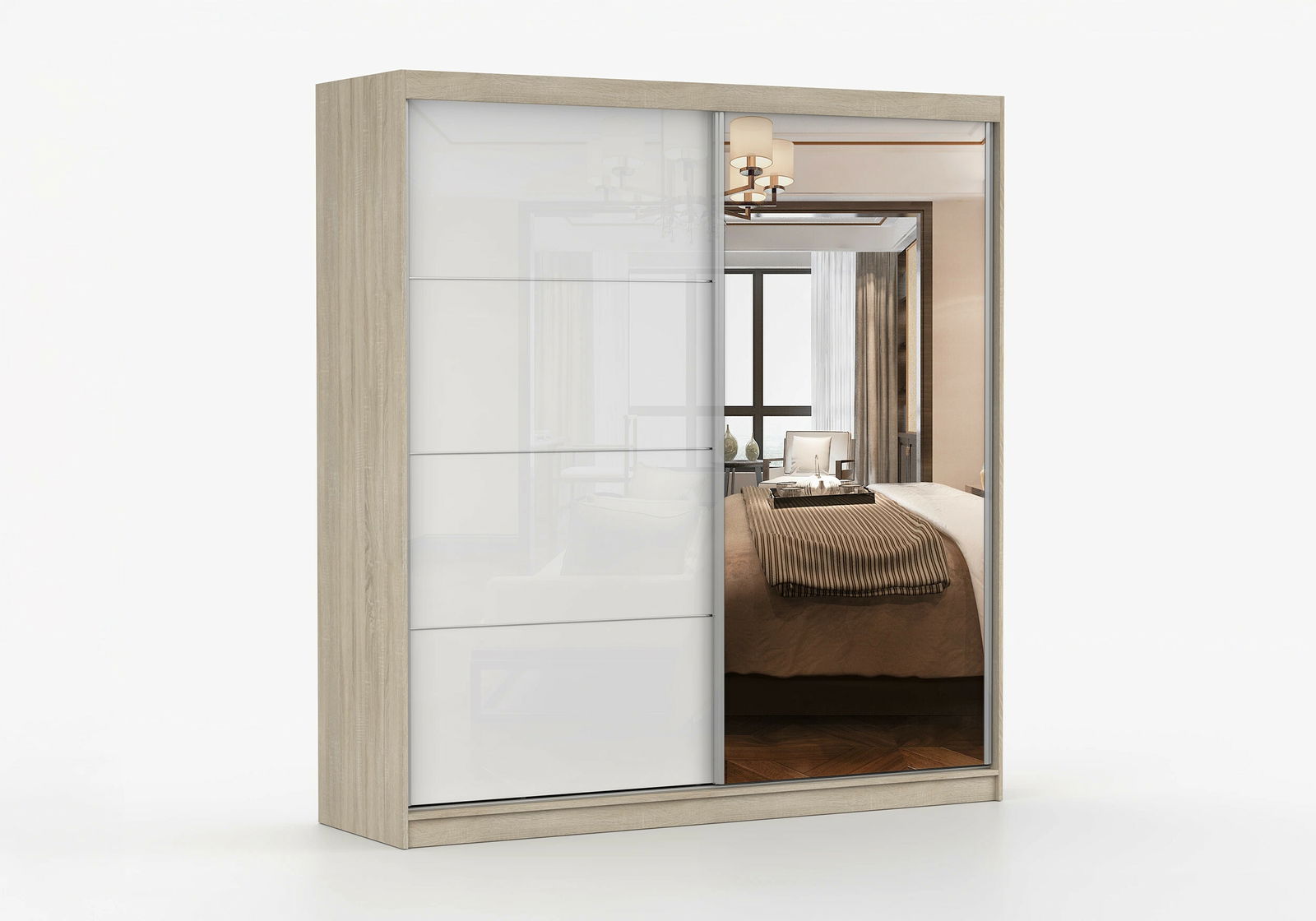 Dulap de haine Mebur 35 230 (stejar sonoma + Oglindă + alb lucios)