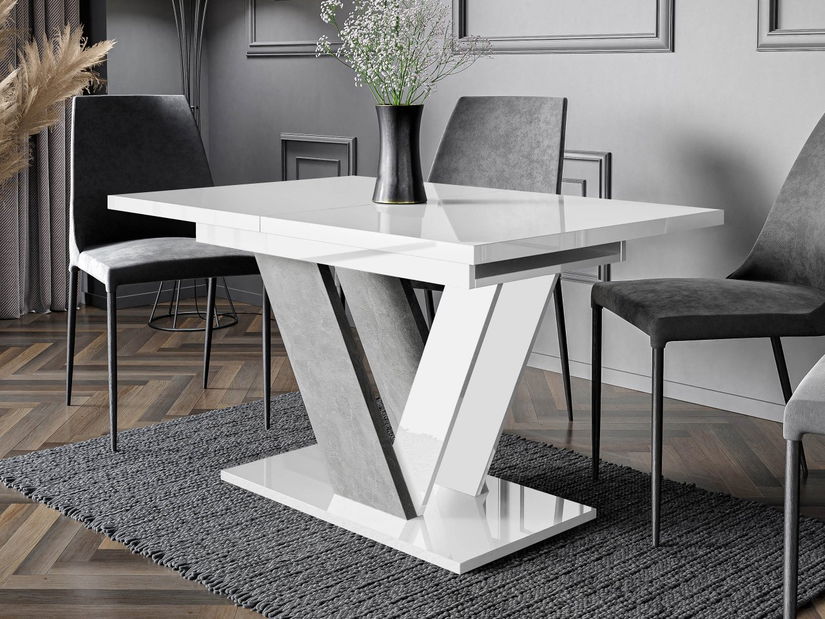 Masă sufragerie extensibilă Granger (lucios Alb + beton) (pentru 2-6 persoane)