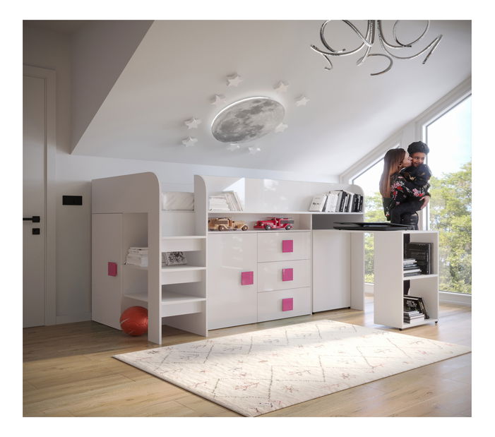 Detská kombinovaná posteľ 90 cm Toreno 1 (biela + biely lesk + ružové lesklé madlá)