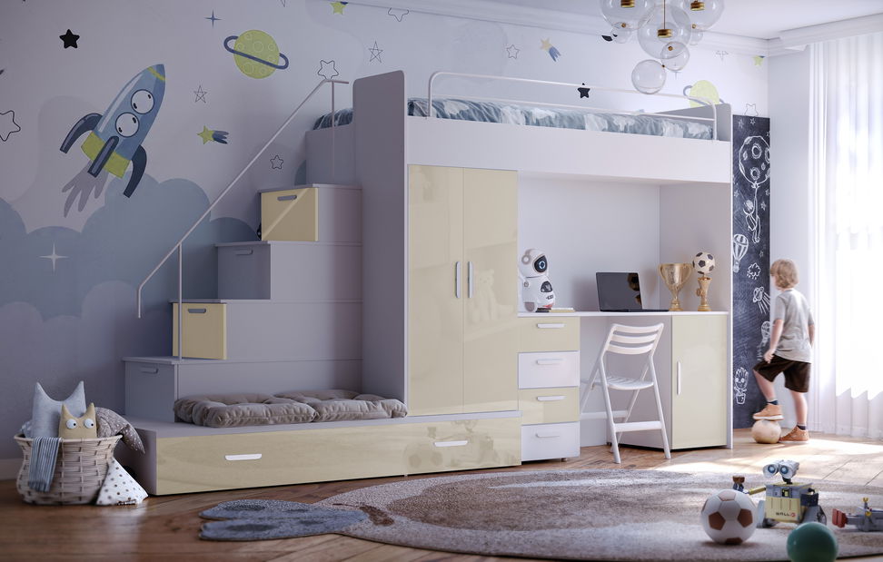 Detská posteľ Ruby V (biela + lesk béžový) (s roštami)