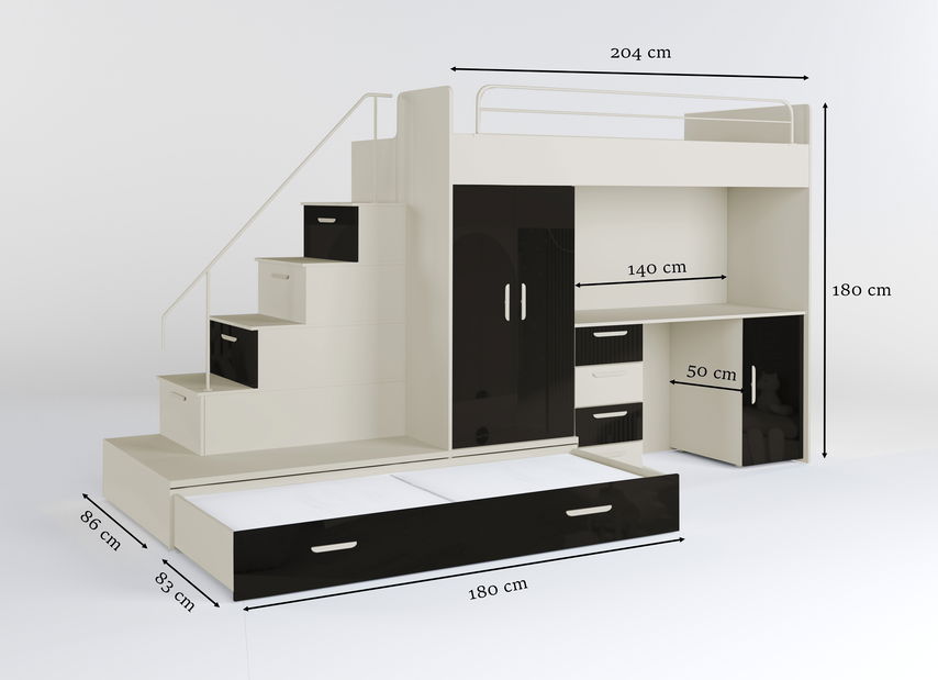 Pat pentru copii Ruby V (cașmir + negru lucios) (cu somiere)