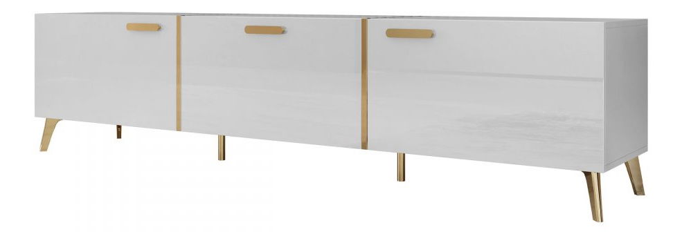 TV skrinka/stolík Rostasi 3D (biela + biela lesklá + zlatá)