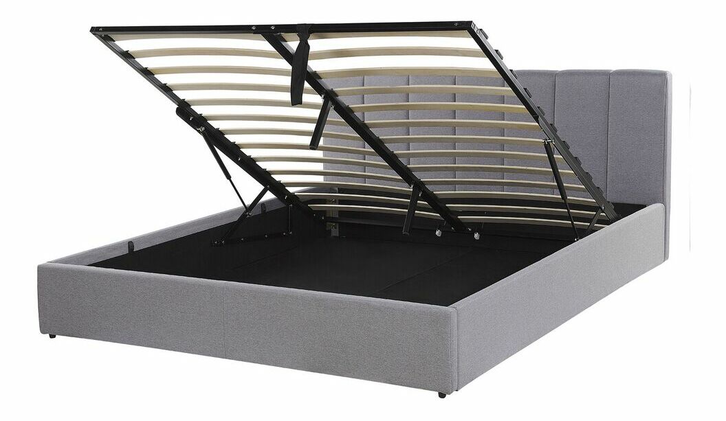 Pat matrimonial 140 cm DARGAN (gri) (textil) (cu somieră și sp. depozitare)