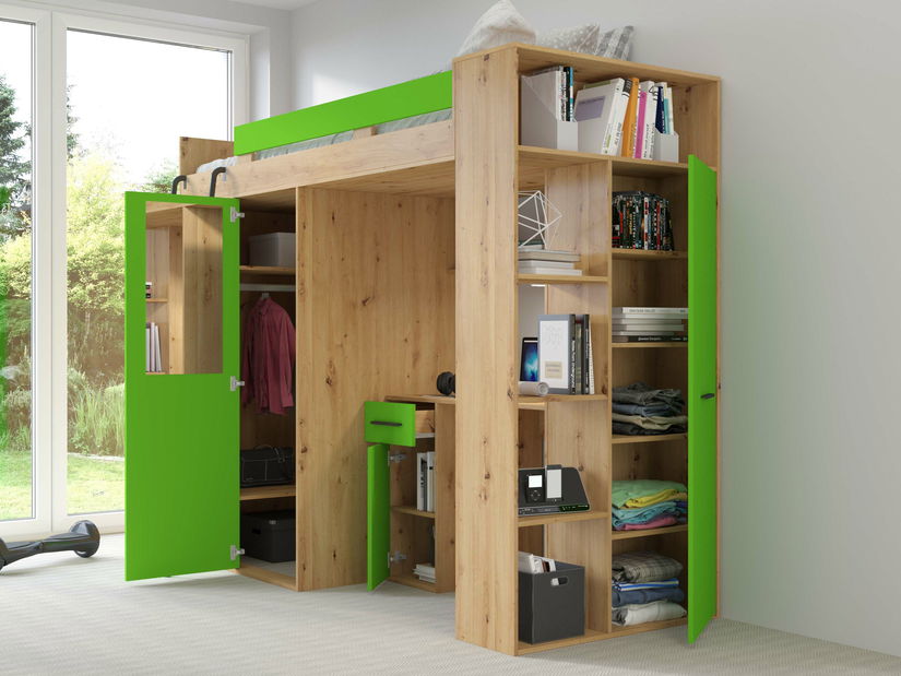 Poschodová posteľ 90 cm Vivian (L) (s roštom) (dub artisan + zelená)