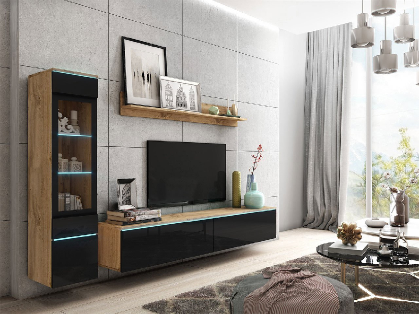 Mobilier living Selwyn I (wotan + Negru lucios ) (iluminat LED Alb)