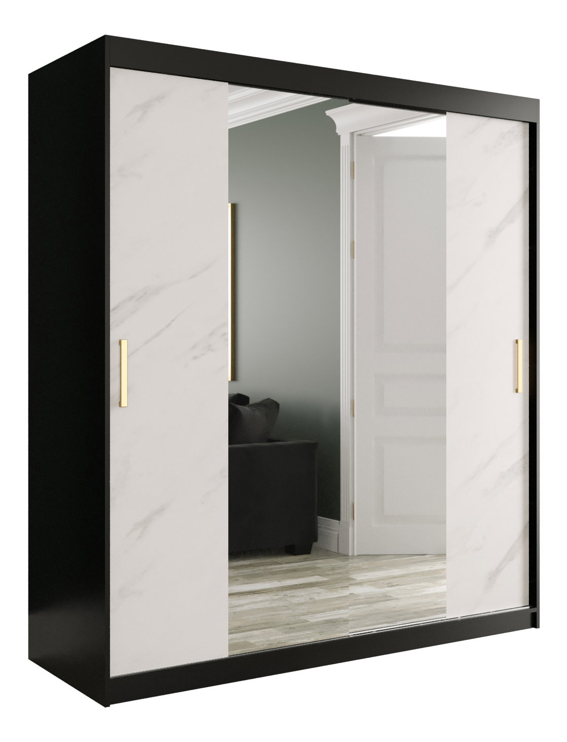 Ruhásszekrény 180 cm Marbelo T1 (matt fekete + fehér márvány)