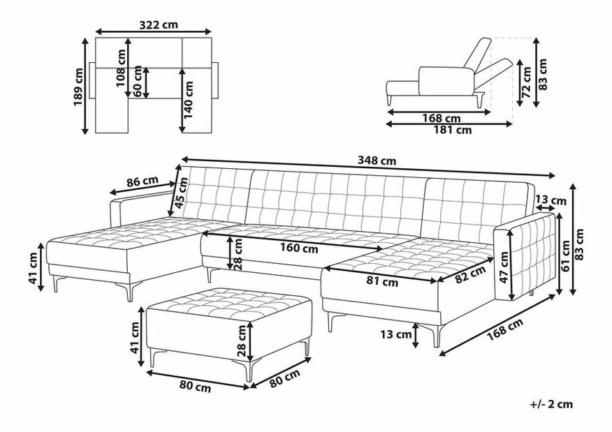 Rohová sedacia súprava s taburetkou U Aberde (zamatová čierna)