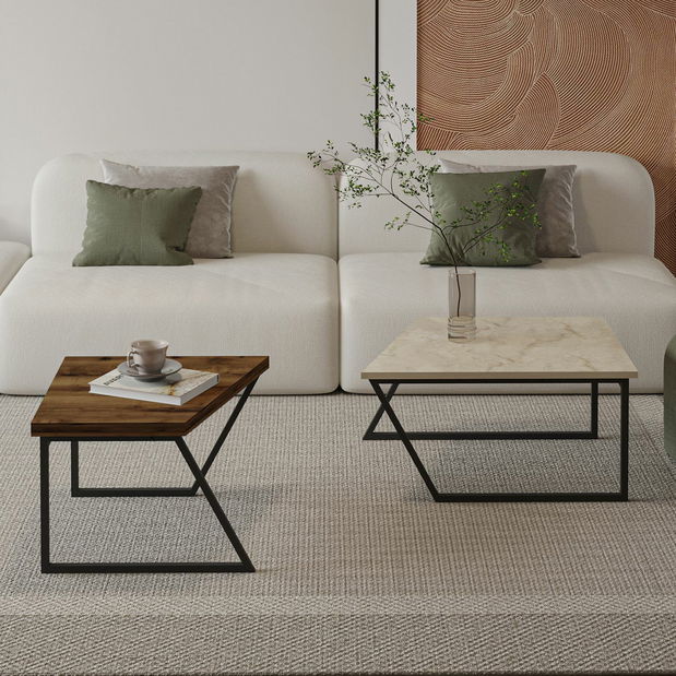 Set stolića za kavu Veronico (travertin + rustikalni orah)