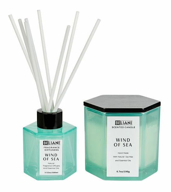 Sviečka zo sójového vosku a difuzér s tyčinkami s vôňou morského vánku Tudor (modrá) 