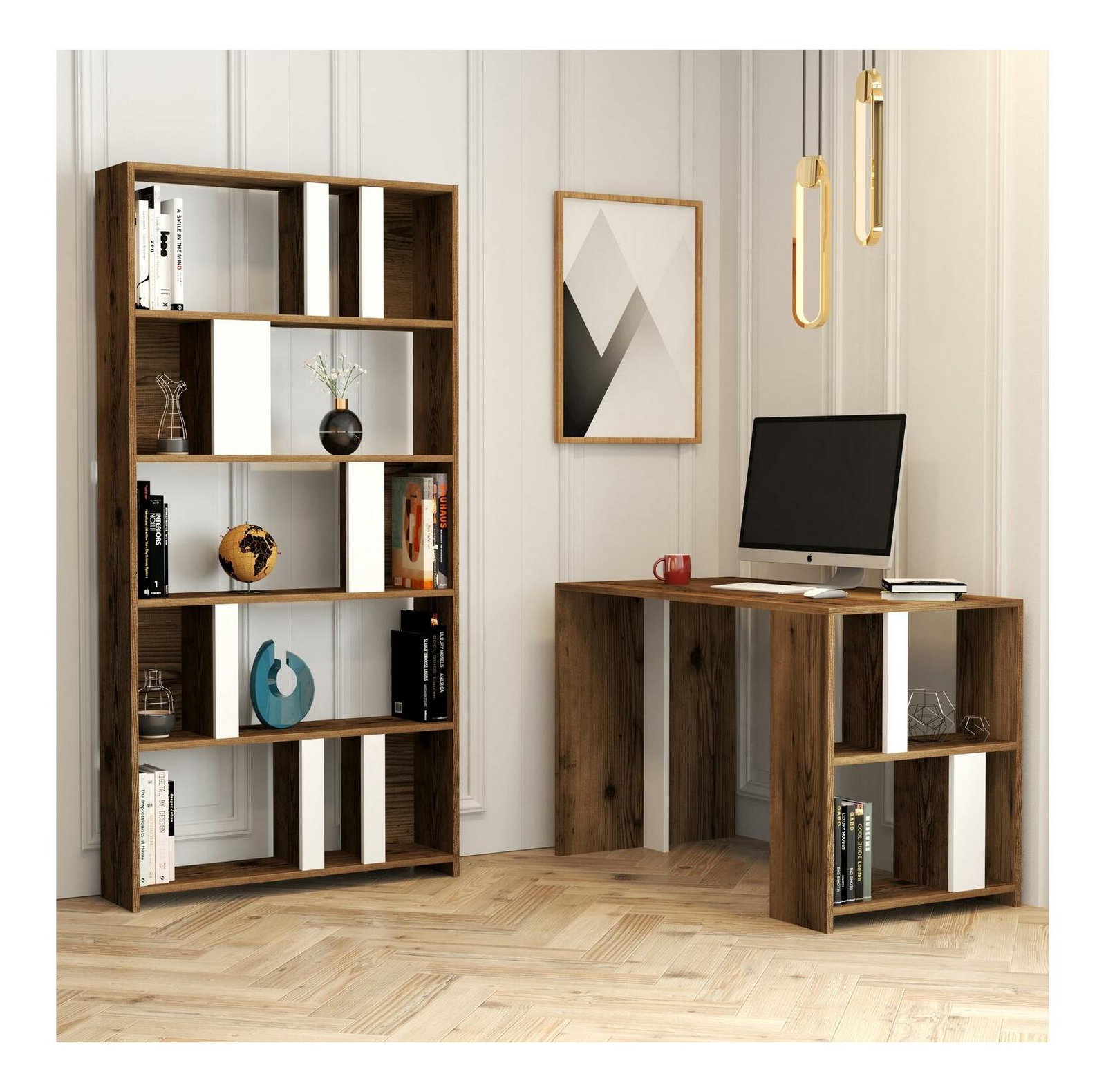 PC asztal regállal Limba (fehér + dió)