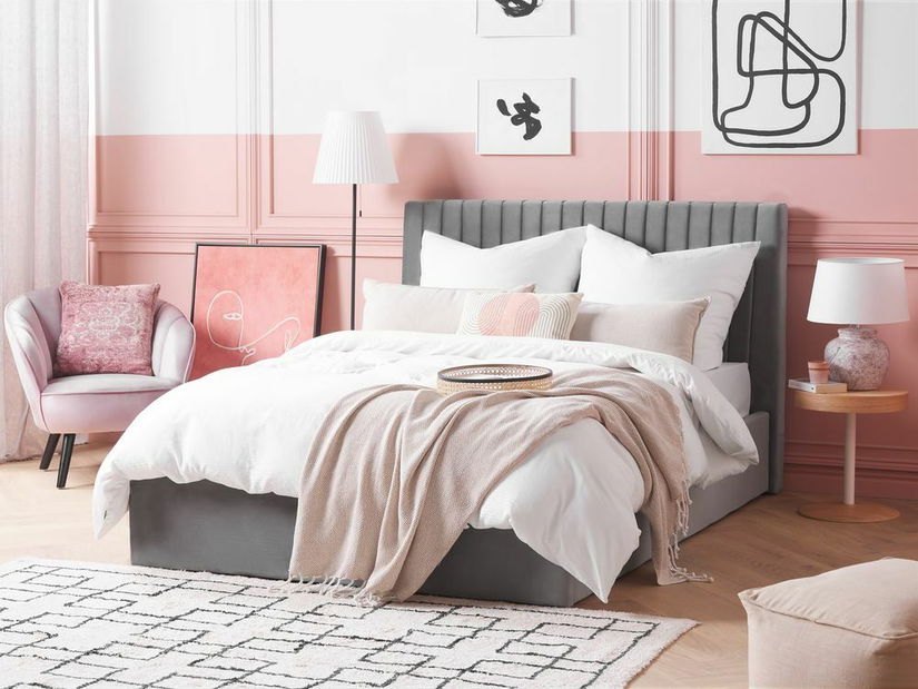 Pat matrimonial 140 cm Vakarine (gri) (cu somieră și sp. depozitare)